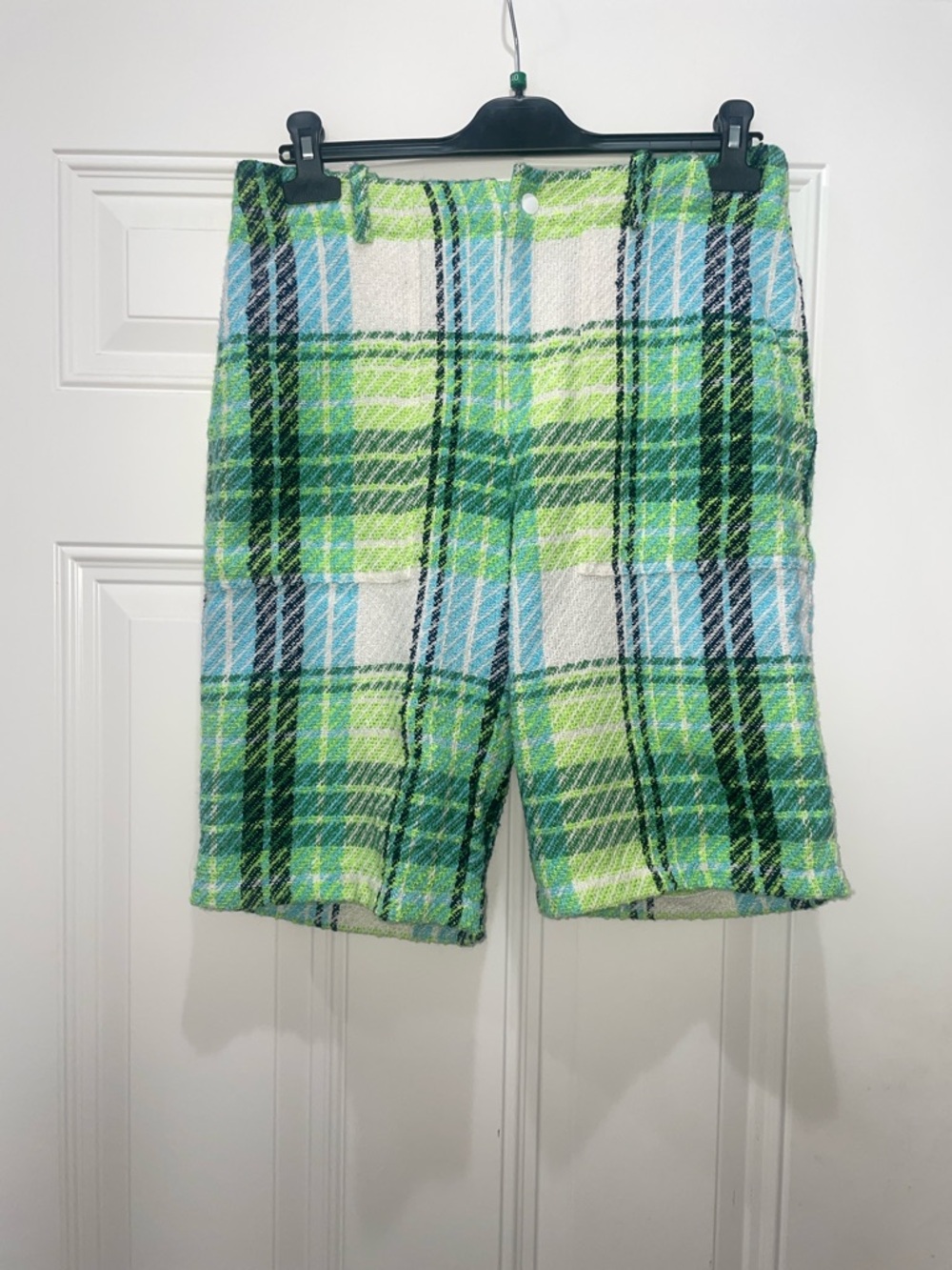 Anna Sui Green, Blue & White Plaid Bermuda Capri Shorts